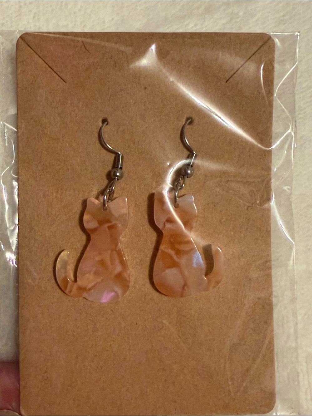 Cat Silhouette Dangle Earrings - Peach Pink Holographic